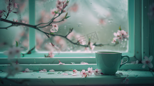 春季树枝窗台上陶瓷杯的摄影13图片