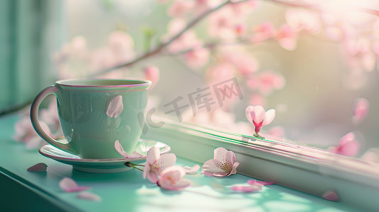 简约风景摄影照片_春季树枝窗台上陶瓷杯的摄影9照片