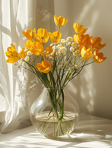 春天窗台上黄色的鲜花高清图片