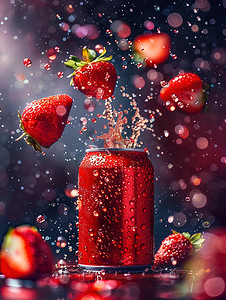 易拉罐新鲜草莓汁摄影照片