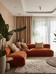 撞色橙色摄影照片_橙色沙发米色的家居布置图片