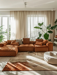 橙色沙发米色的家居布置摄影照片