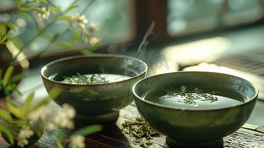 春天简约绿色摄影照片_中式文艺春茶茶碗的摄影1摄影配图