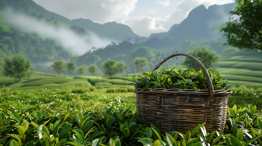 花篮摄影照片_绿色梯田茶叶竹篮的摄影14高清图片