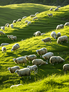 很多在美丽的绿色草原上的羊