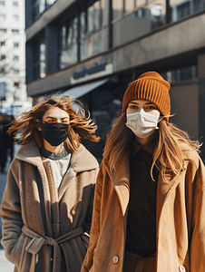 城市摄影照片_城市生活青年女人戴口罩在户外行走