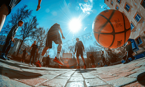 欧美生活摄影照片_鱼眼视图的青少年玩篮球游戏