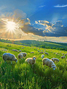 很多在美丽的绿色草原上的羊