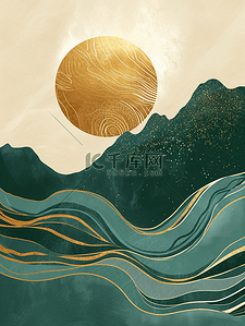 山水风景壁画背景图片_黄绿色金边太阳山水的风景壁画的背景8