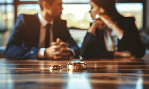 部分观点的律师和客户坐在桌子上与离婚令和结婚戒指