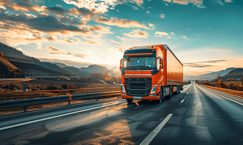 仿真卡车摄影照片_一辆橙色卡车正在高速公路上用冷藏拖车运送货物。货物运输中的物流和工业概念、司机代理、复制空间