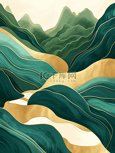 山水风景壁画背景图片_黄绿色金边太阳山水的风景壁画的背景20