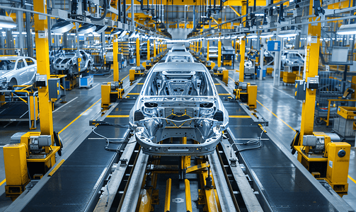 自动化的生产线摄影照片_在传送带顶部视图的汽车车身。工厂的现代汽车总成。车身的自动制造过程