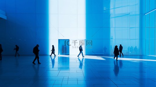 公司大厅背景图片_蓝色场景公司大厅走廊人们走路的背景1
