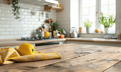 木桌上厨房摄影照片_木桌和黄色餐巾布上厨房背景