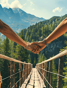 木製橋や歩道、山を帮助之间两个登山者手的侧面影像