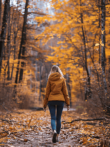 秋摄影照片_交叉郊游径在秋天的森林中散步的女人