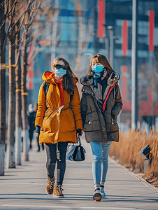 城市生活青年女人戴口罩在户外行走