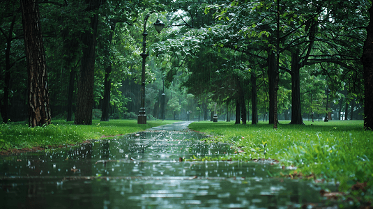 草地雨水摄影照片_下雨天的公园摄影5