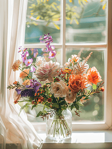 七夕活动摄影照片_七夕家里窗边的桌子上摆了一束美丽的花束。文本空间