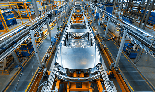 钢工厂摄影照片_在传送带顶部视图的汽车车身。工厂的现代汽车总成。车身的自动制造过程