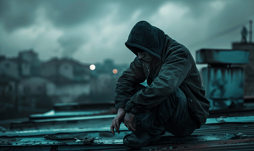 黑暗摄影照片_悲伤郁闷男人哭泣坐建筑屋顶黑暗的情绪基调重性抑郁障碍失业概念