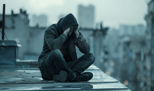 悲伤郁闷男人哭泣坐建筑屋顶黑暗的情绪基调重性抑郁障碍失业概念