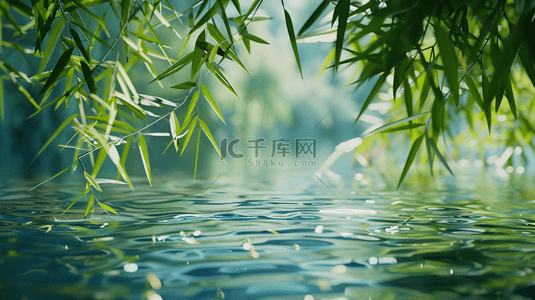 春光背景背景图片_蓝色清新水面波光粼粼树叶的背景12