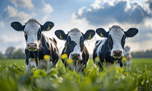 五花草甸摄影照片_在阳光明媚的春天荷兰草甸的黑白花奶牛的特写