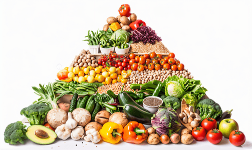 白色边框简约线条摄影照片_食物金字塔为素食主义者的。在白色背景上孤立.
