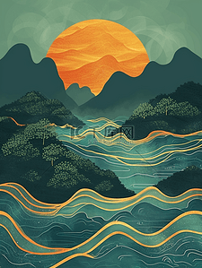 黄绿色金边太阳山水的风景壁画的背景19