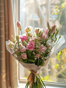 七夕家里窗边的桌子上摆了一束美丽的花束。文本空间