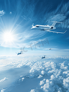 私人喷气式飞机在蓝色的天空