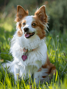 狗在自然界中的肖像。红白相间的威尔士刺绣在草地上。流行品种。在公园里的宠物