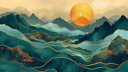 山水风景壁画背景图片_黄绿色金边太阳山水的风景壁画的背景3