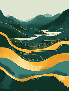 山水风景壁画背景图片_黄绿色金边太阳山水的风景壁画的背景15