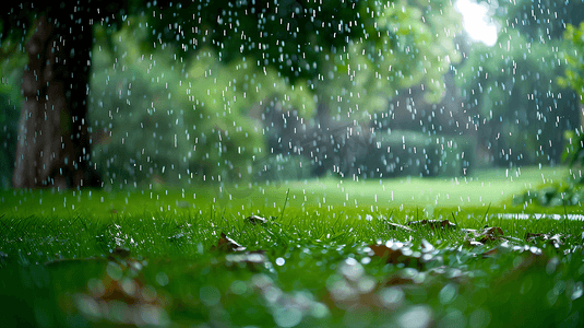 草地雨水摄影照片_下雨天的草坪摄影13