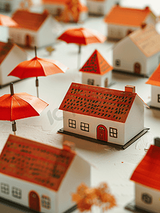 商务封面房子摄影照片_在工作场所用雨伞覆盖家庭和房屋纸模型的保险代理人部分观点