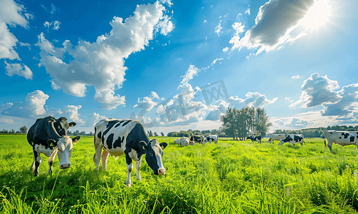 奶牛农场摄影照片_在牧场上的奶牛蓝天白云树木