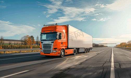 汽车交通摄影照片_一辆橙色卡车正在高速公路上用冷藏拖车运送货物。货物运输中的物流和工业概念、司机代理、复制空间