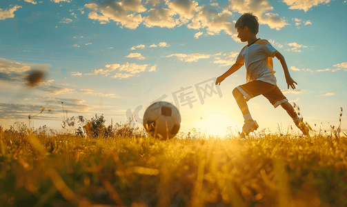 足球摄影照片_男孩踢足球足球球。青少年足球足球运动员