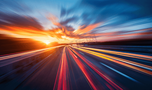 红色日落摄影照片_日落时汽车在高速公路上行驶运动模糊
