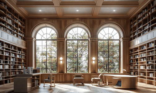 图书馆里有拱形窗户和天花板灯的旧书架。经典风格。 3D渲染