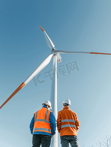 大风车风车摄影照片_技术工人查看风力发电设备