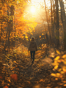 秋摄影照片_交叉郊游径在秋天的森林中散步的女人