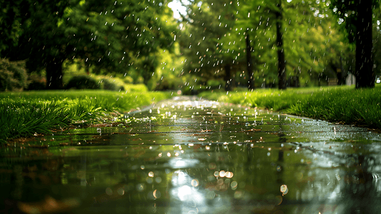 草地雨水摄影照片_下雨天的公园摄影6