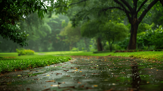 草地雨水摄影照片_下雨天的公园摄影7