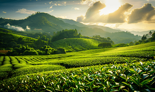 热带叶子植物摄影照片_安康山，清迈，泰国的茶园