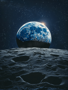 地球背景摄影照片_蓝色地球从月球表面看