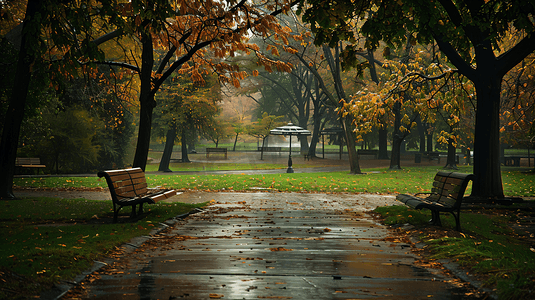 草地雨水摄影照片_下雨天的公园摄影1